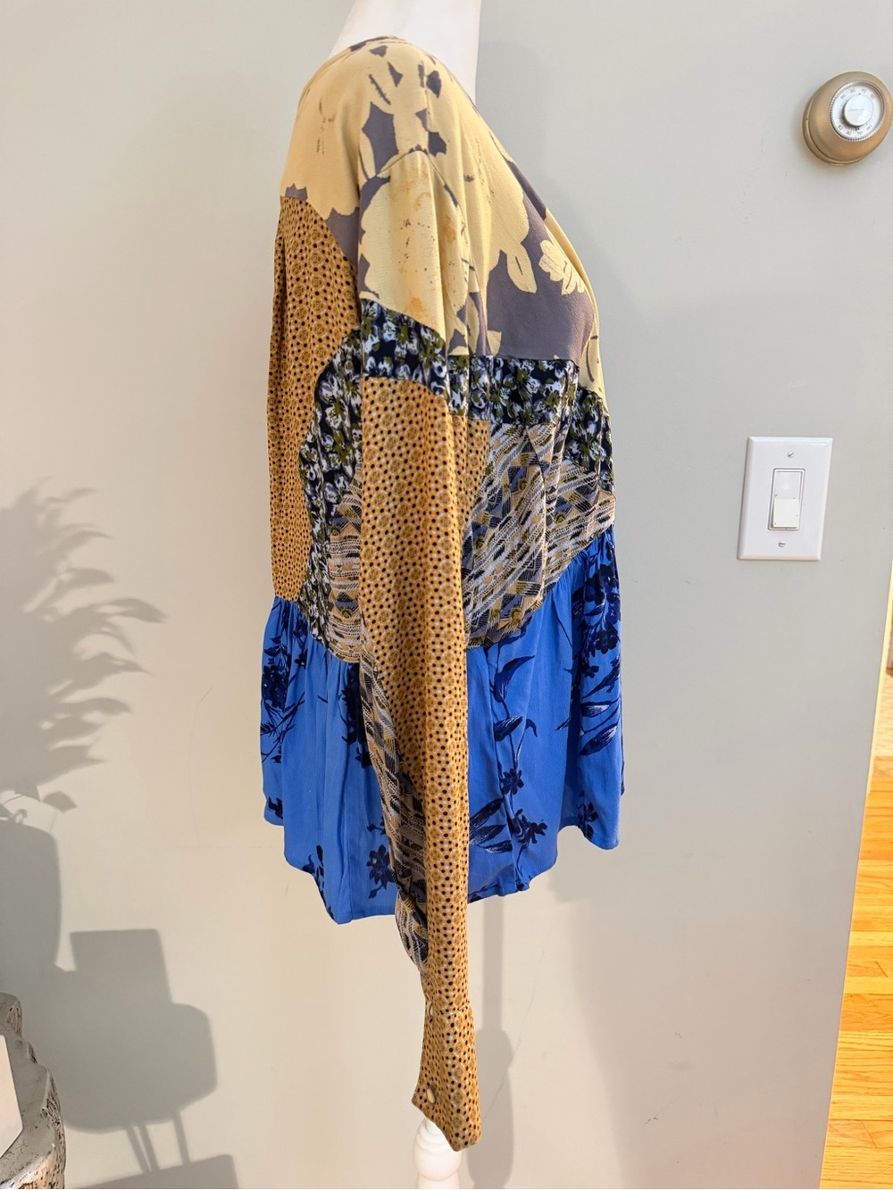 Free People Aloha State of Mind Storm Cloud Patchwork Peplum Blouse L - Picture 7 of 12